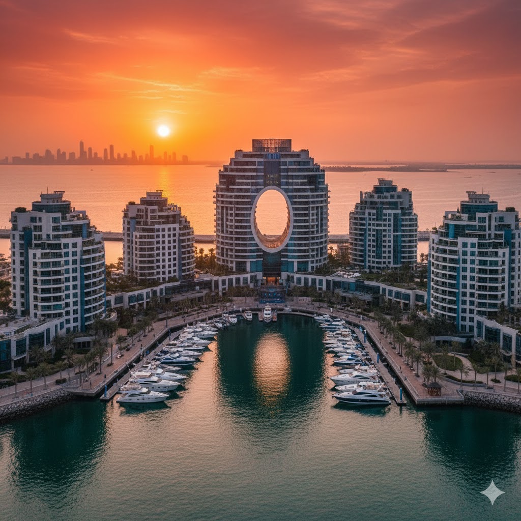 The distinctive Al Bandar residential complex at Al Raha Beach at sunset.