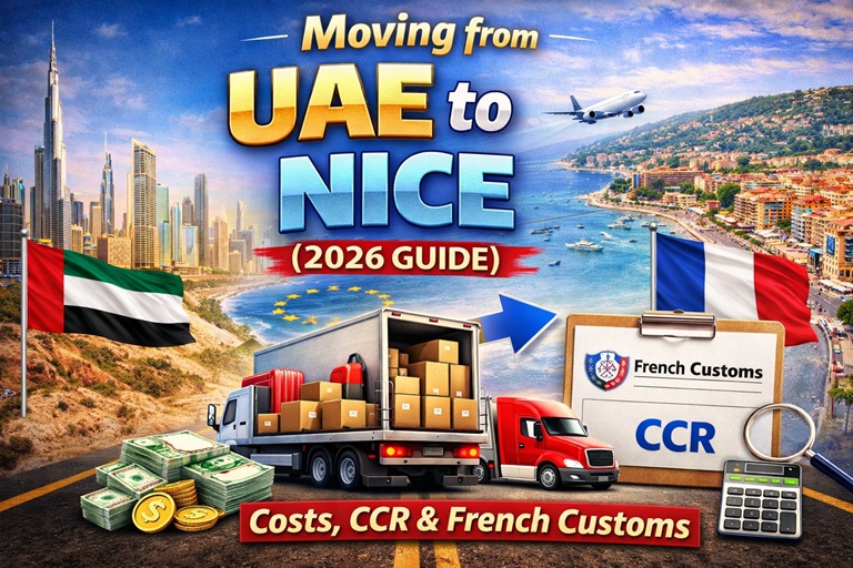 The stunning coastline of Nice, France, featuring the Promenade des Anglais, representing a relocation from the UAE.