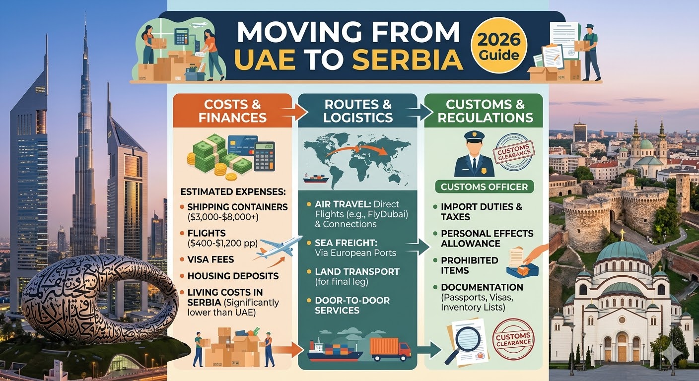 The historic Kalemegdan Fortress overlooking the confluence of the Sava and Danube rivers in Belgrade, Serbia, representing a move from the UAE.