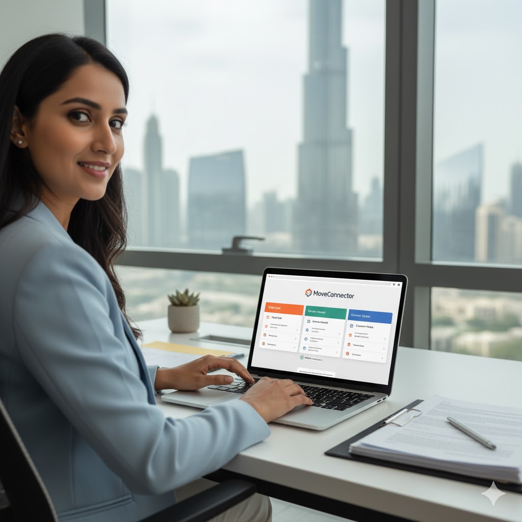 A professional woman at her desk efficiently comparing moving quotes on a laptop, saving time.
