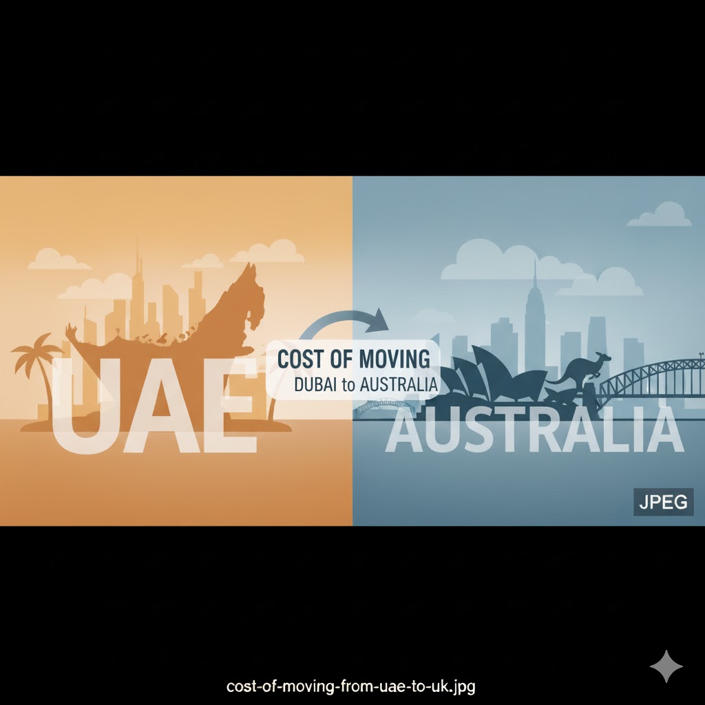 A cargo ship leaving Jebel Ali Port bound for Sydney Harbour, representing the trade route between UAE and Australia.