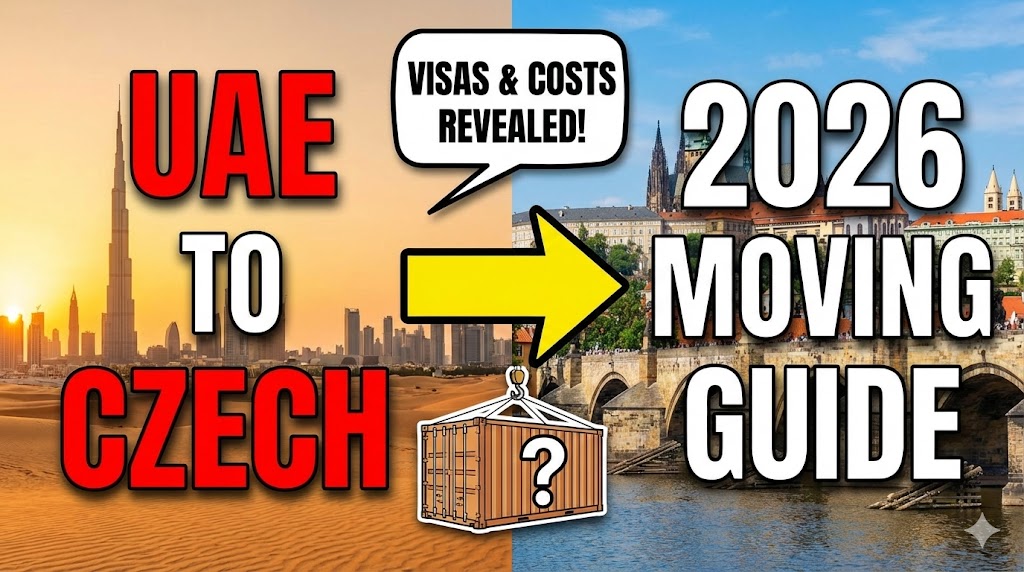 A moving truck crossing the Charles Bridge in Prague with the historic castle skyline in the background.