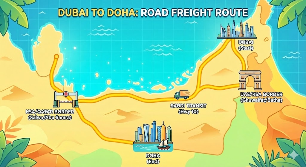 Route Map: Dubai -> Ghuwaifat -> Saudi Transit -> Abu Samra -> Doha