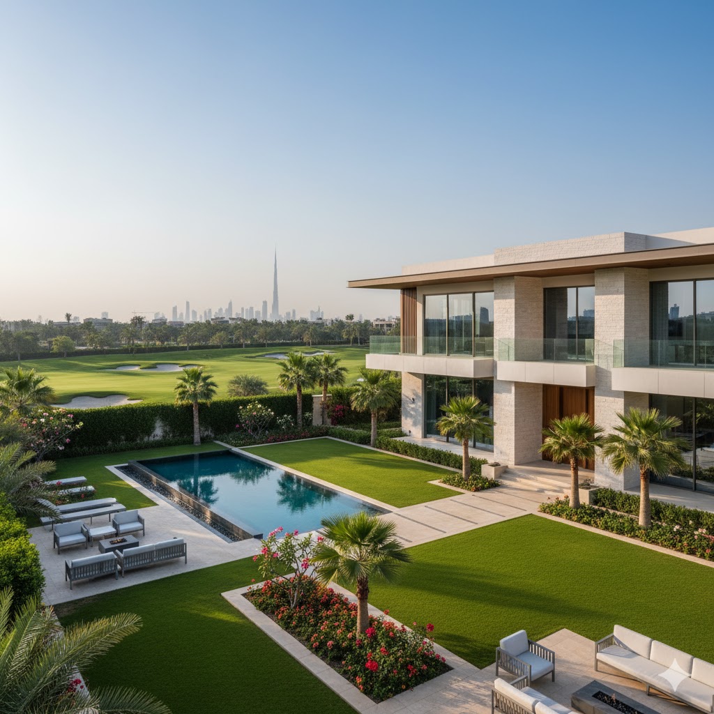 A beautiful modern villa in Dubai Hills Estate with a landscaped garden.