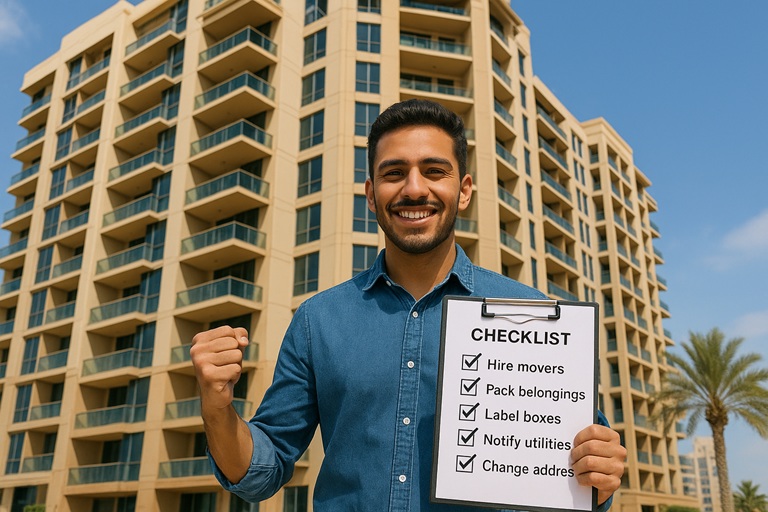 A person confidently holding a checklist in front of a Dubai apartment building, ready to tackle the moving process.