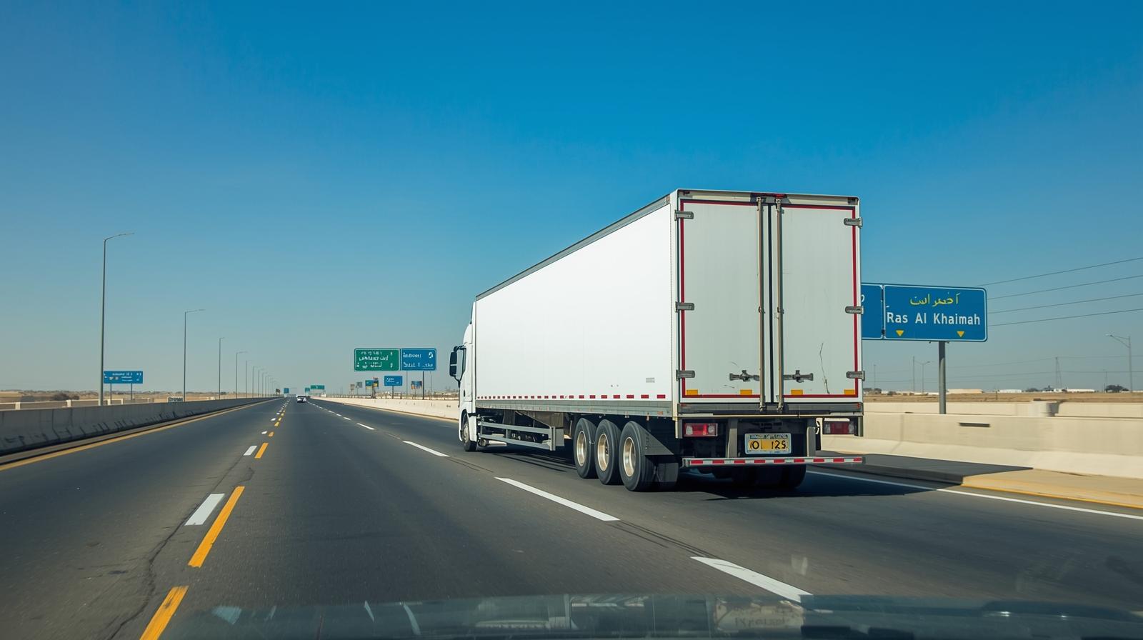 A moving truck driving towards the Jebel Jais mountains in Ras Al Khaimah.