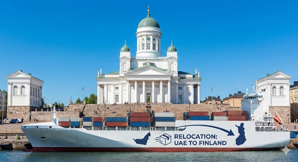 A view of the Helsinki Cathedral with a cargo ship graphic, symbolizing relocation from UAE to Finland.