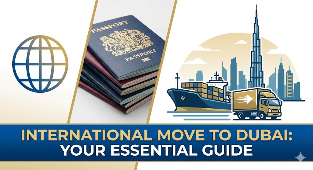 A Maersk shipping container being unloaded at Jebel Ali Port with the Dubai skyline in the distance.