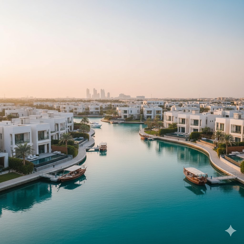 A tranquil view of the waterfront villas and lagoons in Mina Al Arab, Ras Al Khaimah.