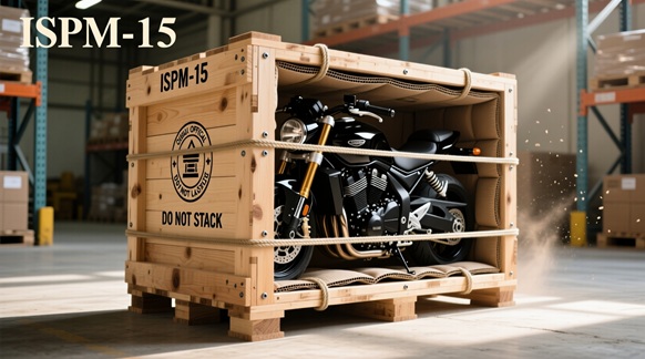 A motorcycle secured with soft lashings inside an ISPM-15 certified wooden crate for international shipping from Dubai.