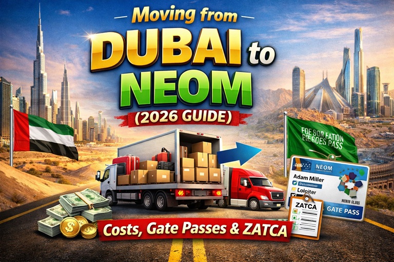 Futuristic architectural rendering of NEOM and The Line in Saudi Arabia, representing a relocation from Dubai.