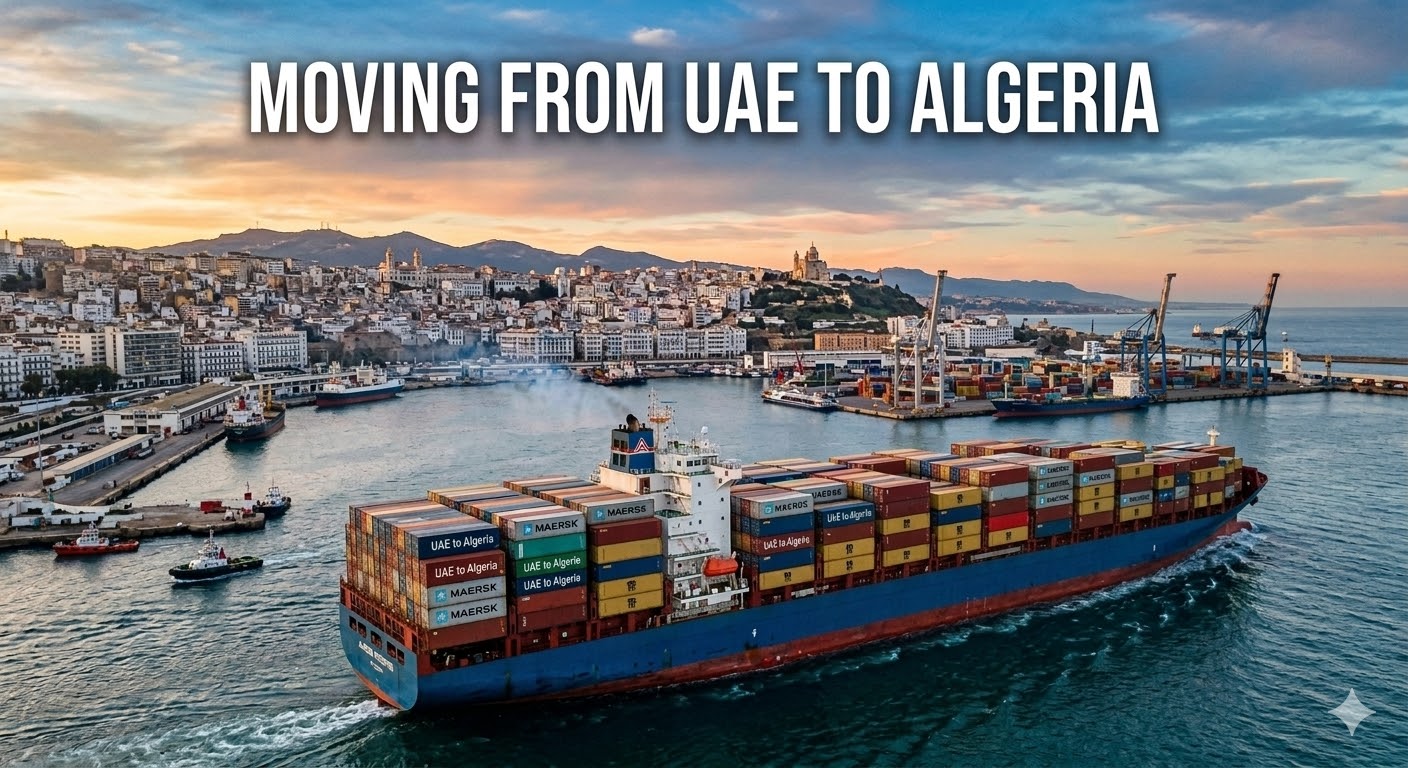 A cargo ship arriving at the Port of Algiers, symbolizing a relocation from the UAE to Algeria.