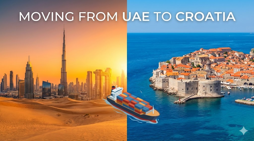 A cargo ship leaving Dubai Jebel Ali port bound for Croatia, superimposed with the Croatian flag.