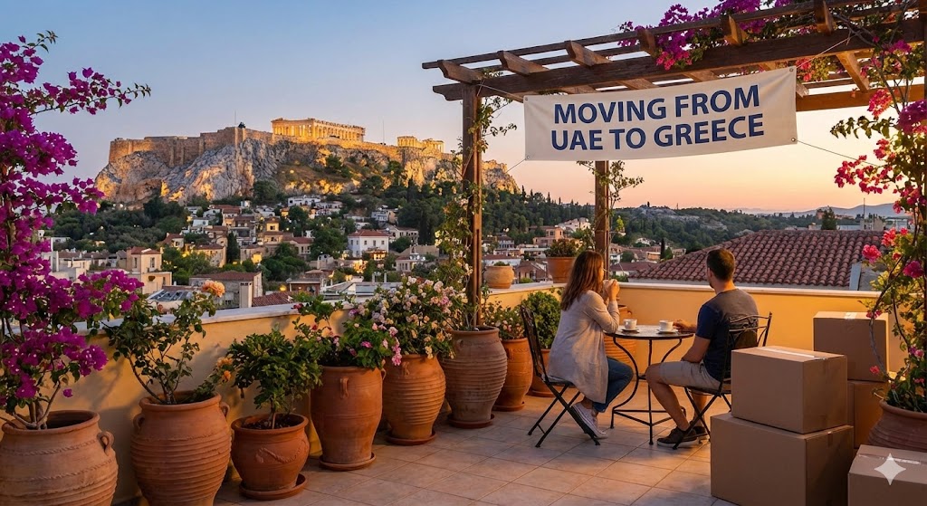 The Acropolis of Athens viewed from a Plaka rooftop, representing the dream of moving to Greece.