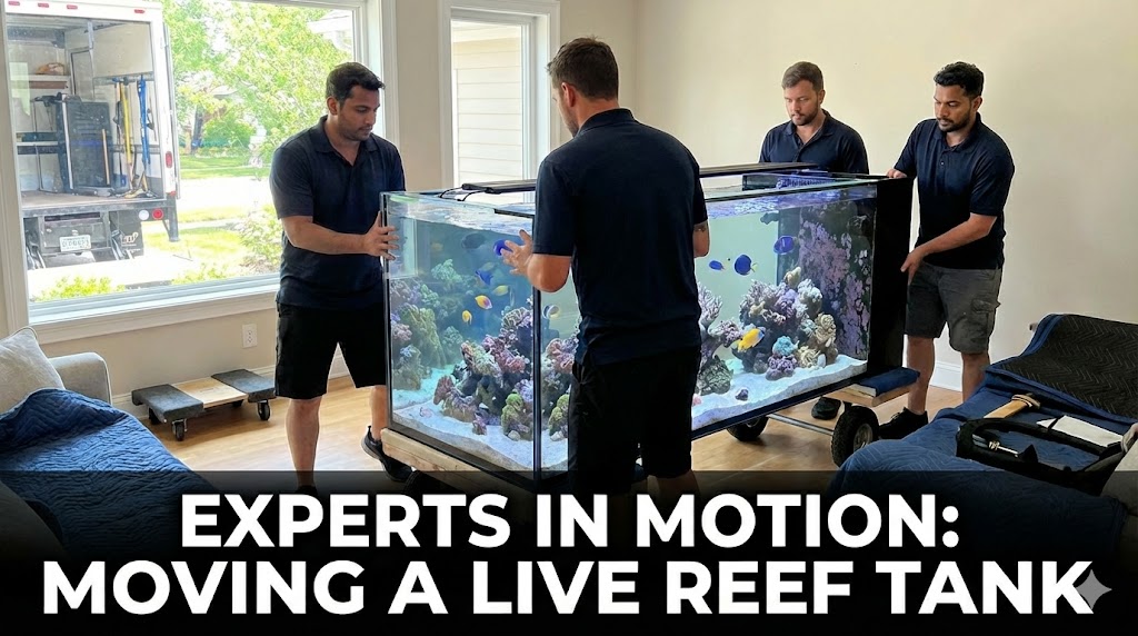 A team of professional aquarium movers carefully transporting a large reef tank with coral and fish.