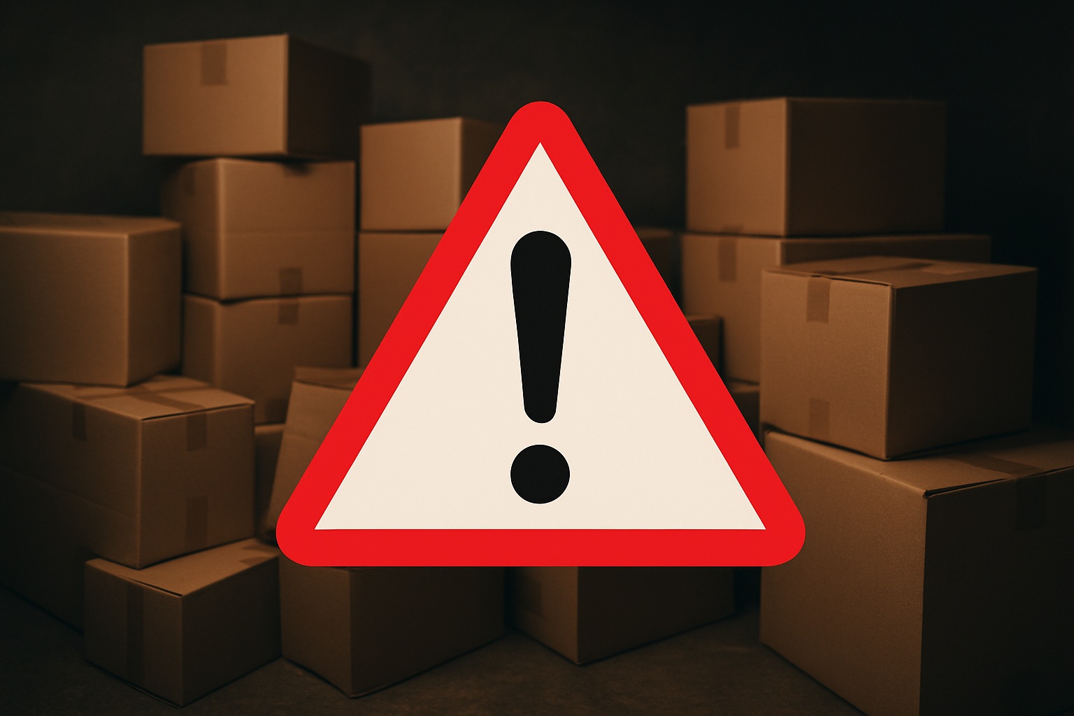 A warning sign with an exclamation mark superimposed over a dimly lit, disorganized pile of moving boxes, symbolizing the hidden dangers of cheap movers.