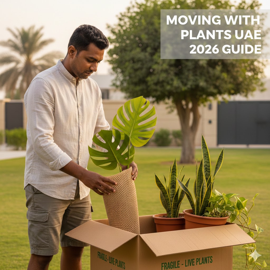 A person carefully wrapping a large houseplant in protective material before a move.