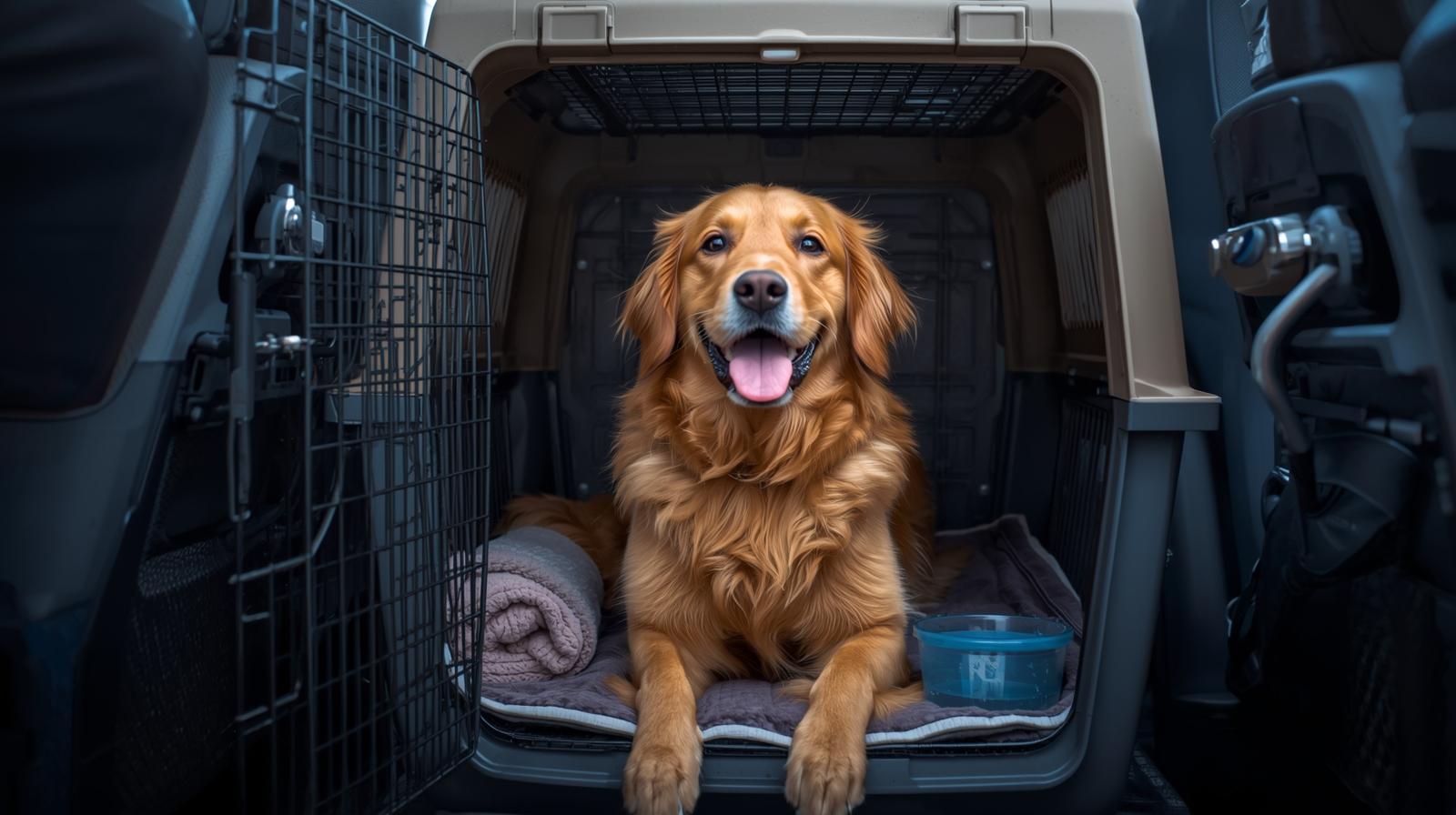 A happy dog sitting inside an IATA-approved travel crate, ready for its journey.