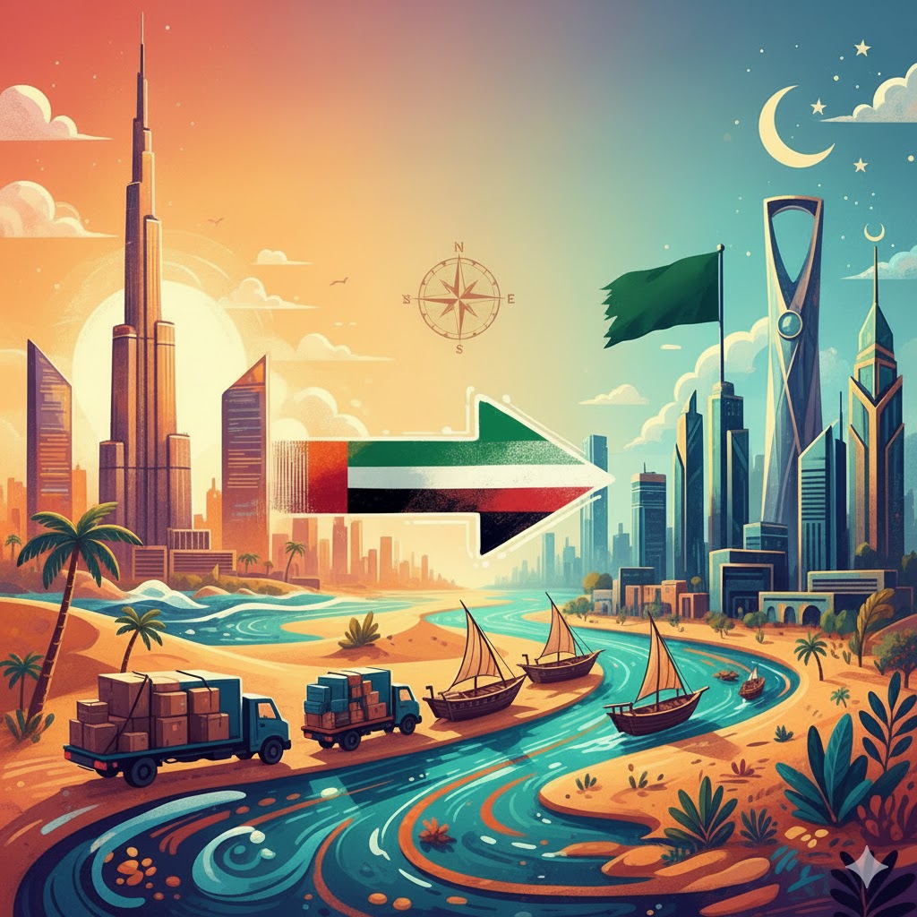 The modern skyline of Riyadh, Saudi Arabia, including the Kingdom Centre tower.