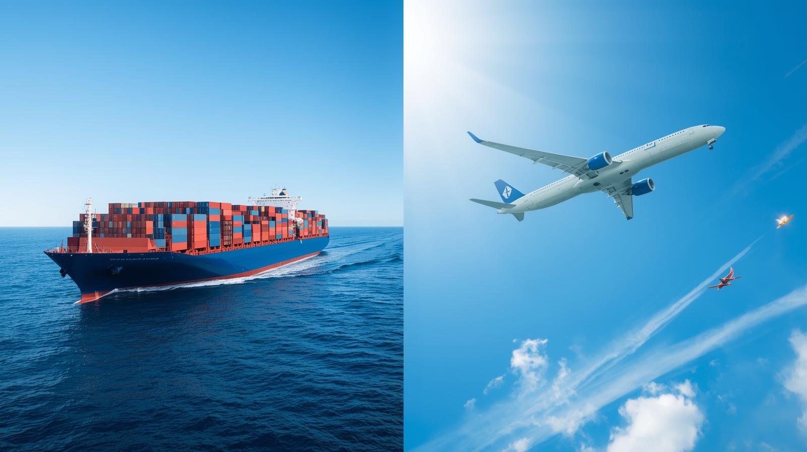 A split image showing a cargo ship on the ocean and a cargo plane in the sky.