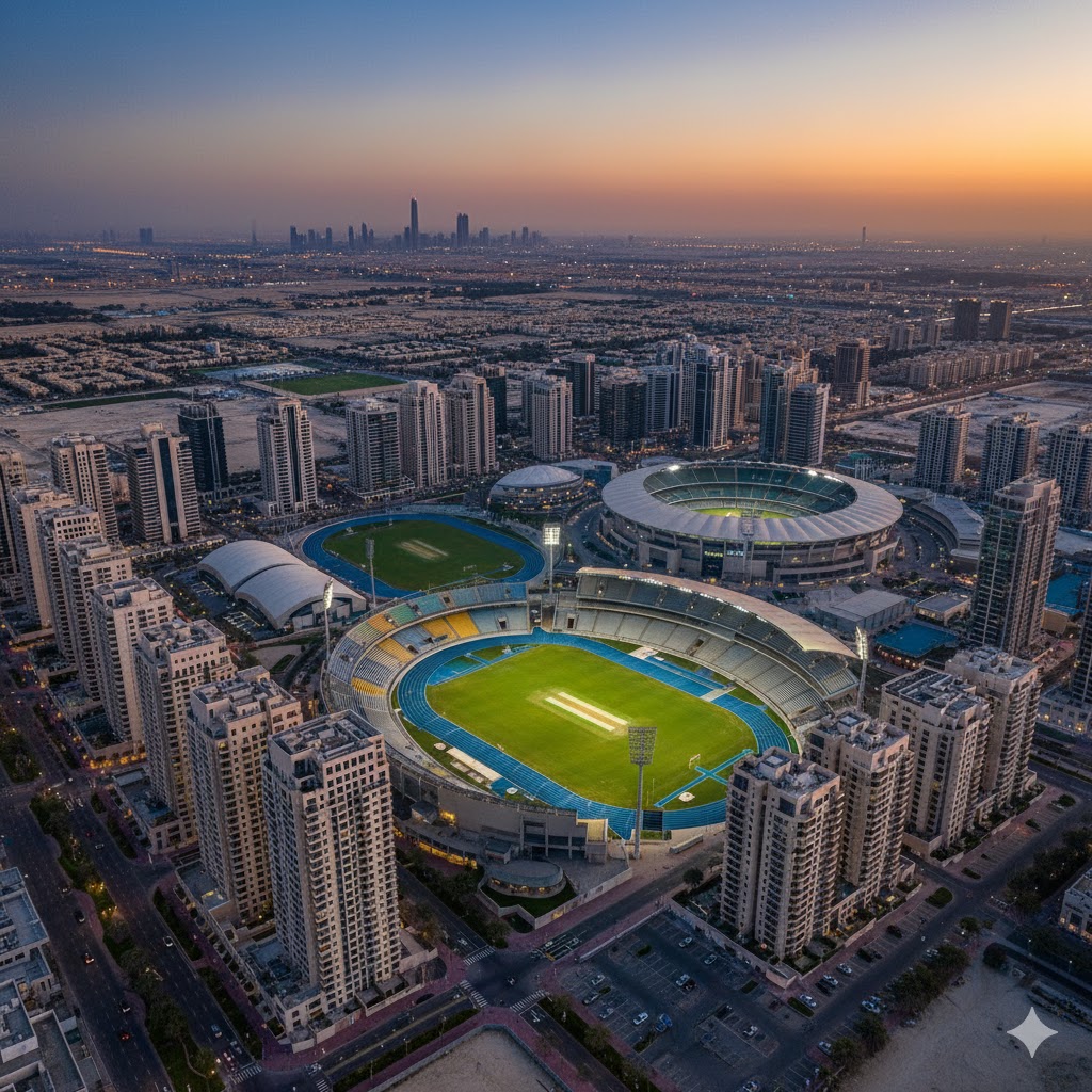 An aerial shot of the Dubai Sports City community with its stadiums and residential towers.