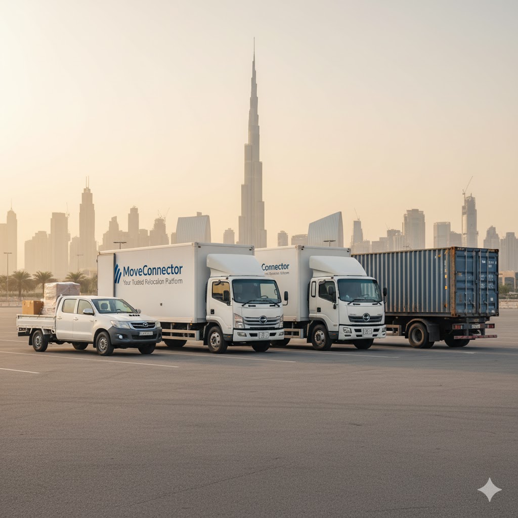 A lineup of different sized moving trucks used by professional movers in the UAE.