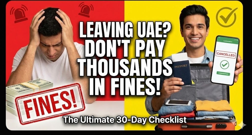 A checklist on a desk showing a UAE passport, DEWA final bill, and car keys.