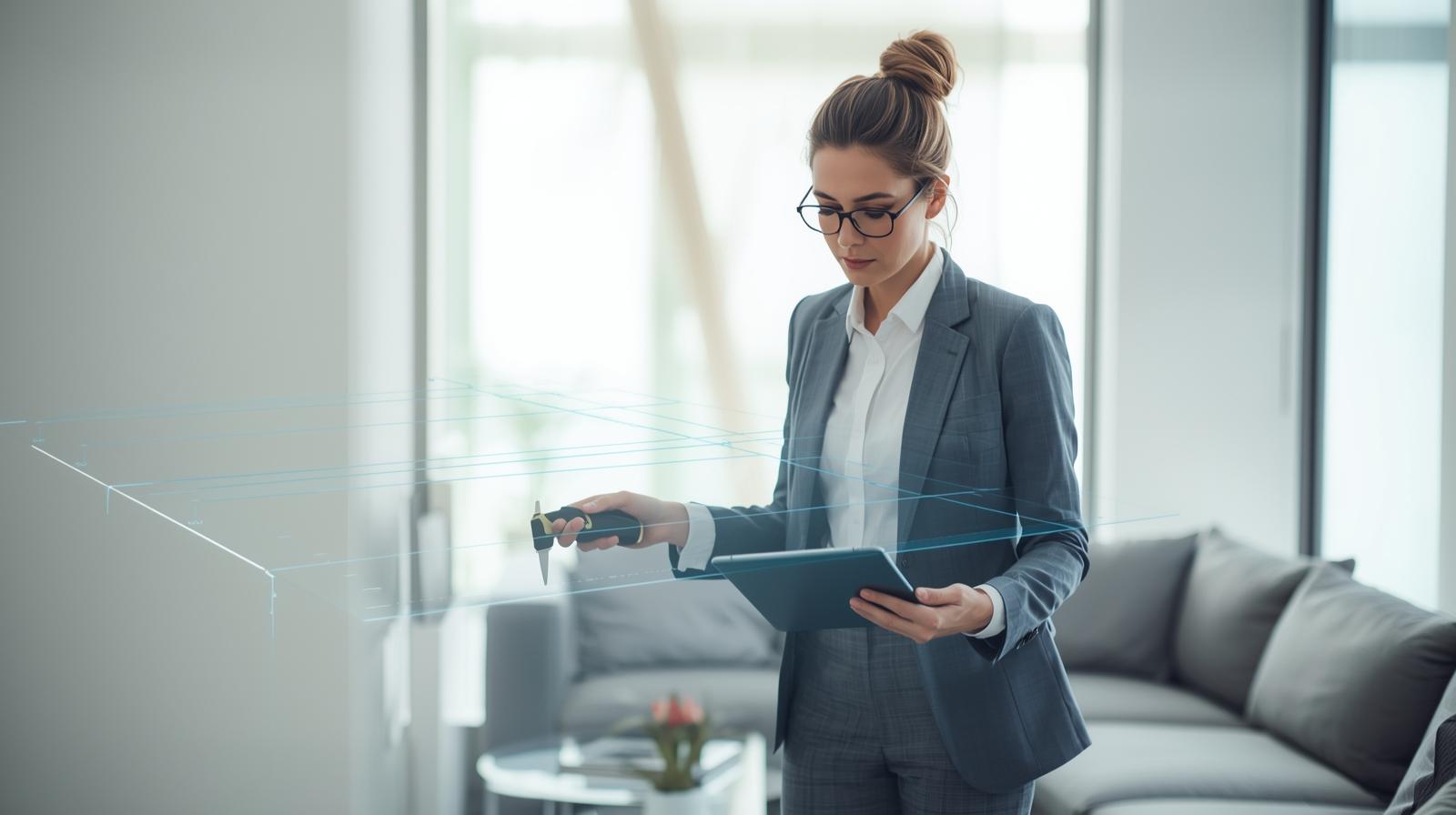 A moving consultant with a tablet measuring furniture in a living room, with measurement lines overlaid to symbolize volume calculation.