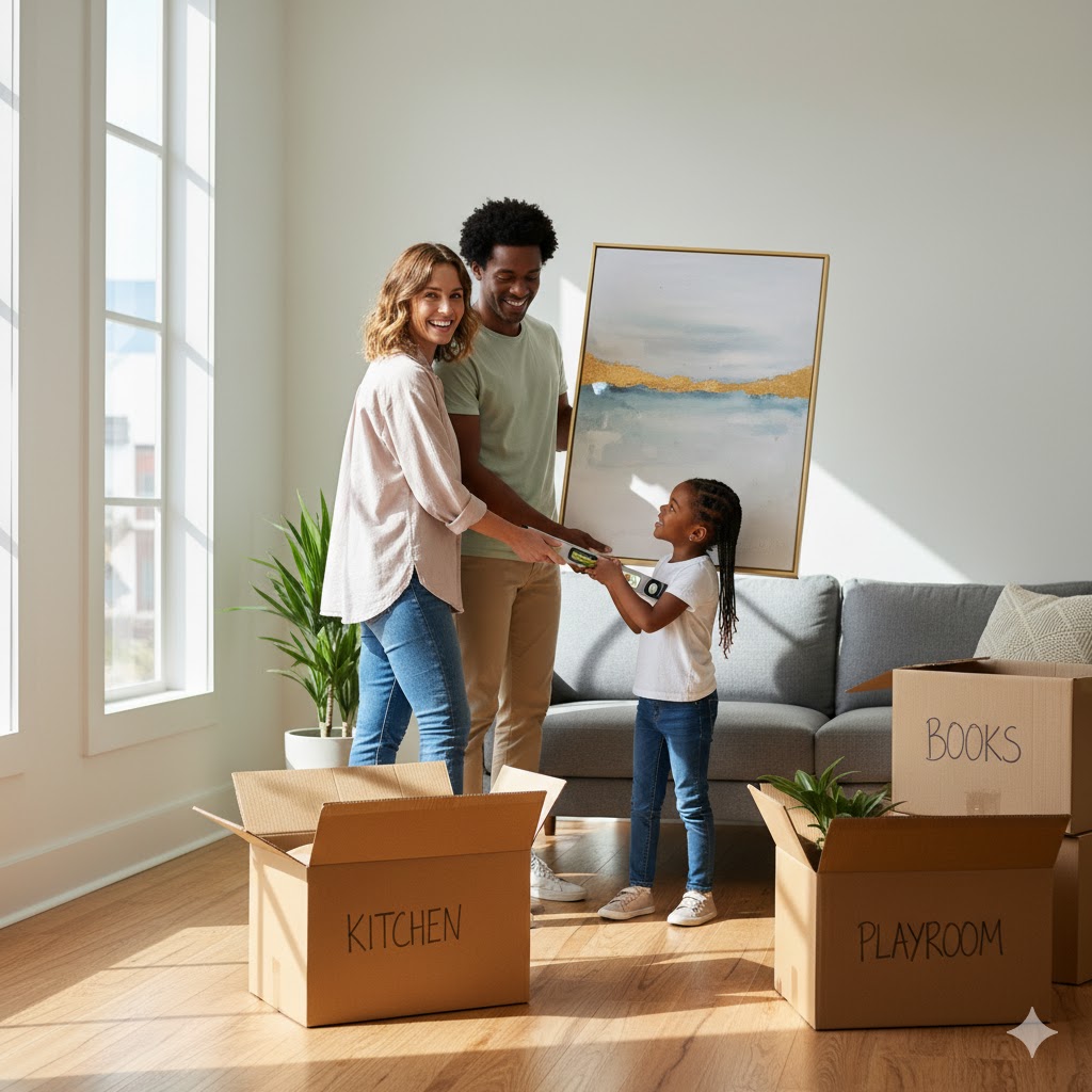 A happy family hangs a picture in their new home, with moving boxes nearby, representing domestic moving.