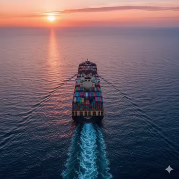 An aerial view of a large container ship on the ocean, representing international relocation.