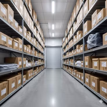 A clean, well-organized storage facility aisle with neatly stacked boxes, representing packing and storage solutions.